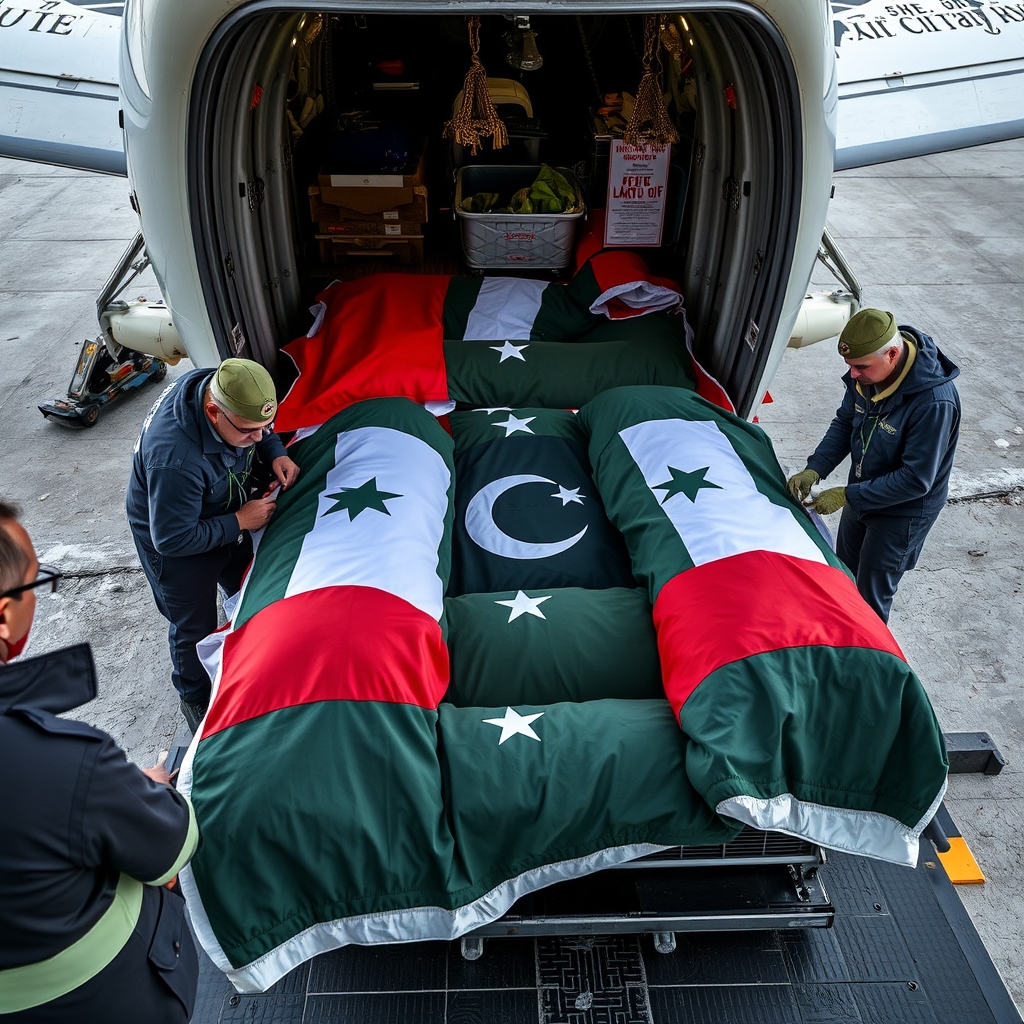 Five Foreign Mountaineers' Bodies, Wrapped in National Flags, Airlifted to Islamabad for Repatriation After Broad Peak Avalanche.