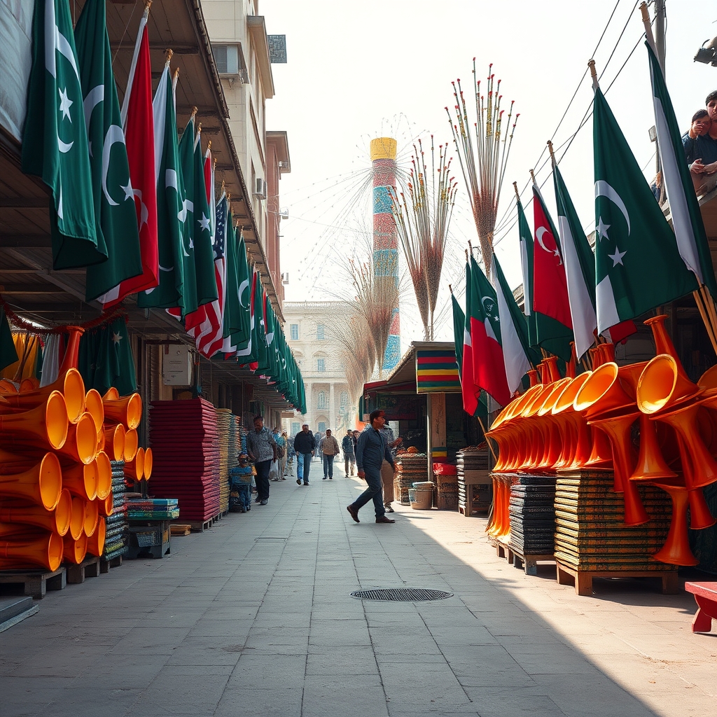 Stalls selling national flags, horns, and gifts appear across Pindi, stirring market buzz and disturbing residents before Independence Day.